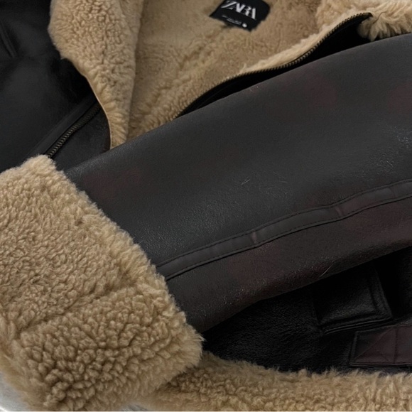 Zara Dark Brown Faux Leather Jacket with Shearling Trim - Picture 3 of 4